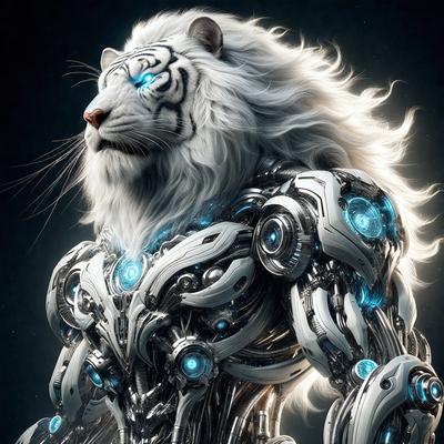The primary subject of the image is a white tiger with blue eyes, wearing a futuristic, metallic armor. The setting is a futuristic environment, with the tiger standing in front of a backdrop of a cityscape. The visual style is digital art, as the tiger and its armor are depicted in a highly detailed and intricate manner. The colors and mood of the image are predominantly blue and silver, giving it a sleek and modern appearance.